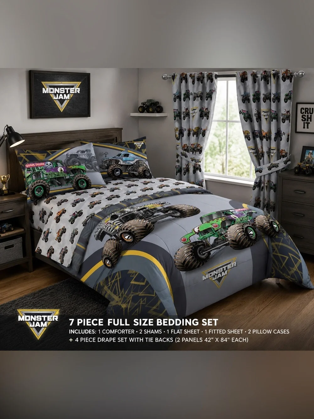 Monster Jam Full Size 11-Piece Bedding & Curtain Set | Grave Digger & Megalodon
